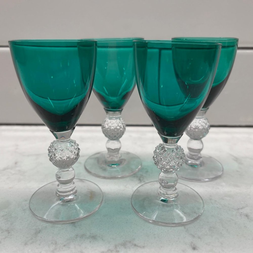 (4) Vintage Cordial Glass Golf Ball Stiegel Green by MORGANTOWN 1939-1971